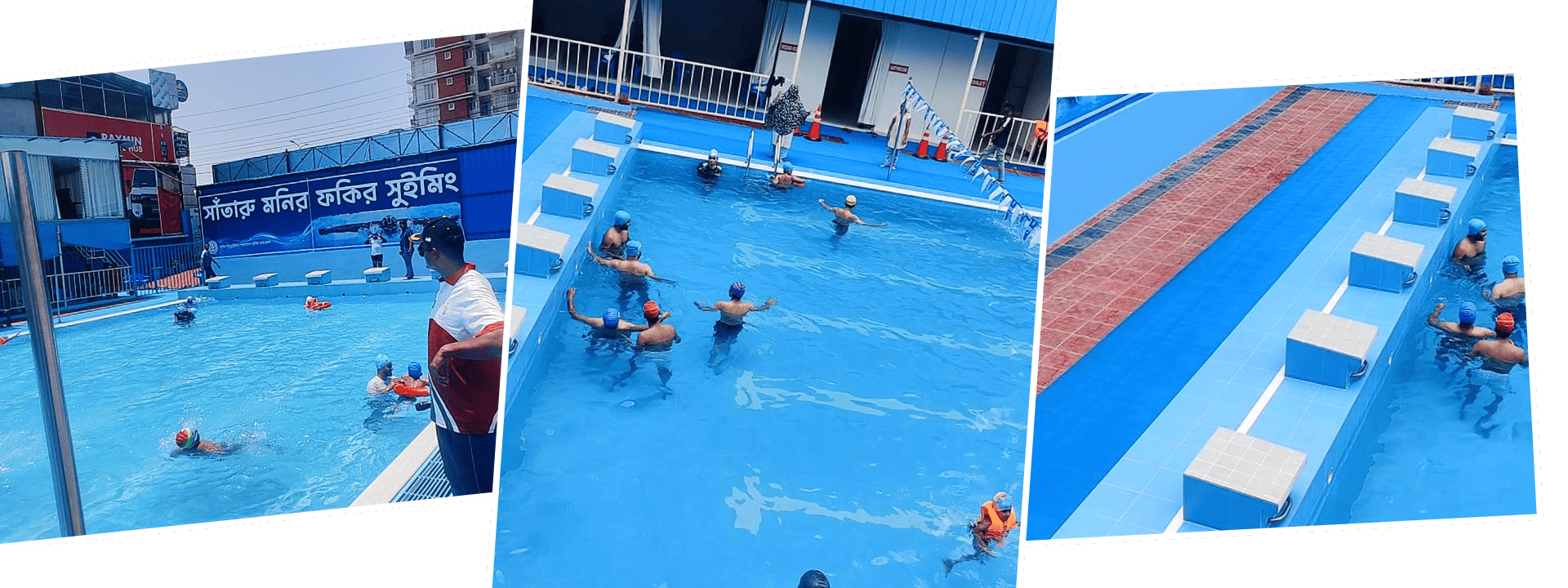 Swimmers training in the outdoor lanes at Monir Fokir Swimming Complex, with a coach directing from the deck