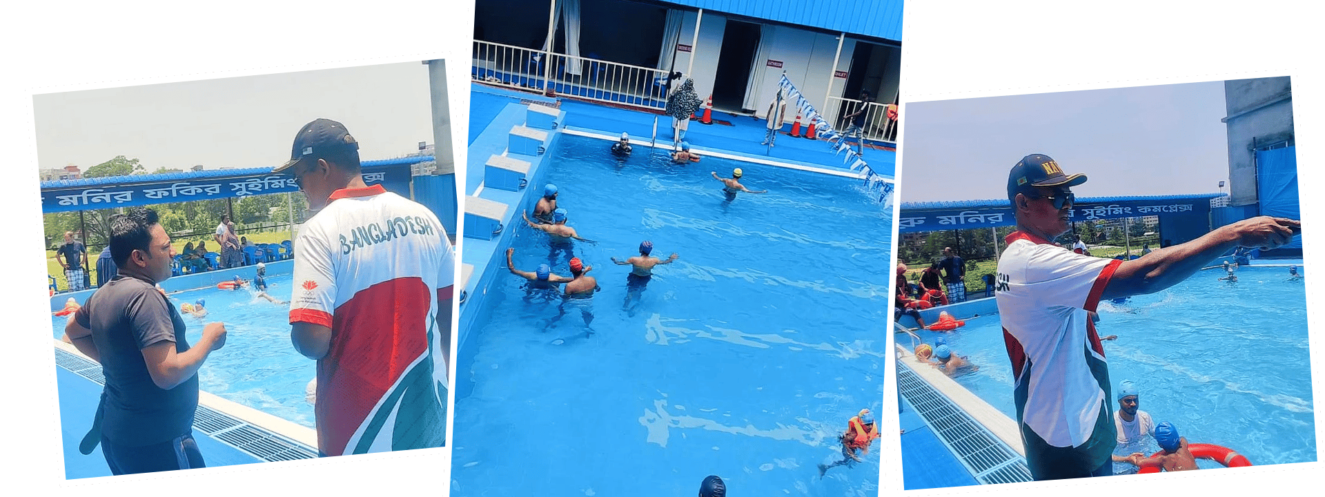 A coach in national training kit directing swimmers from the pool deck